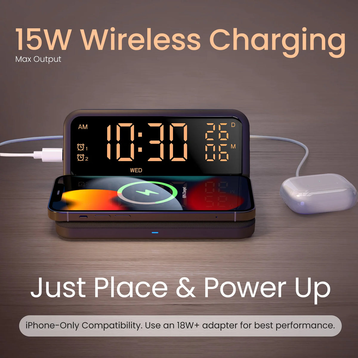 Freedom 4E 15W Wireless Charger Alarm Clock